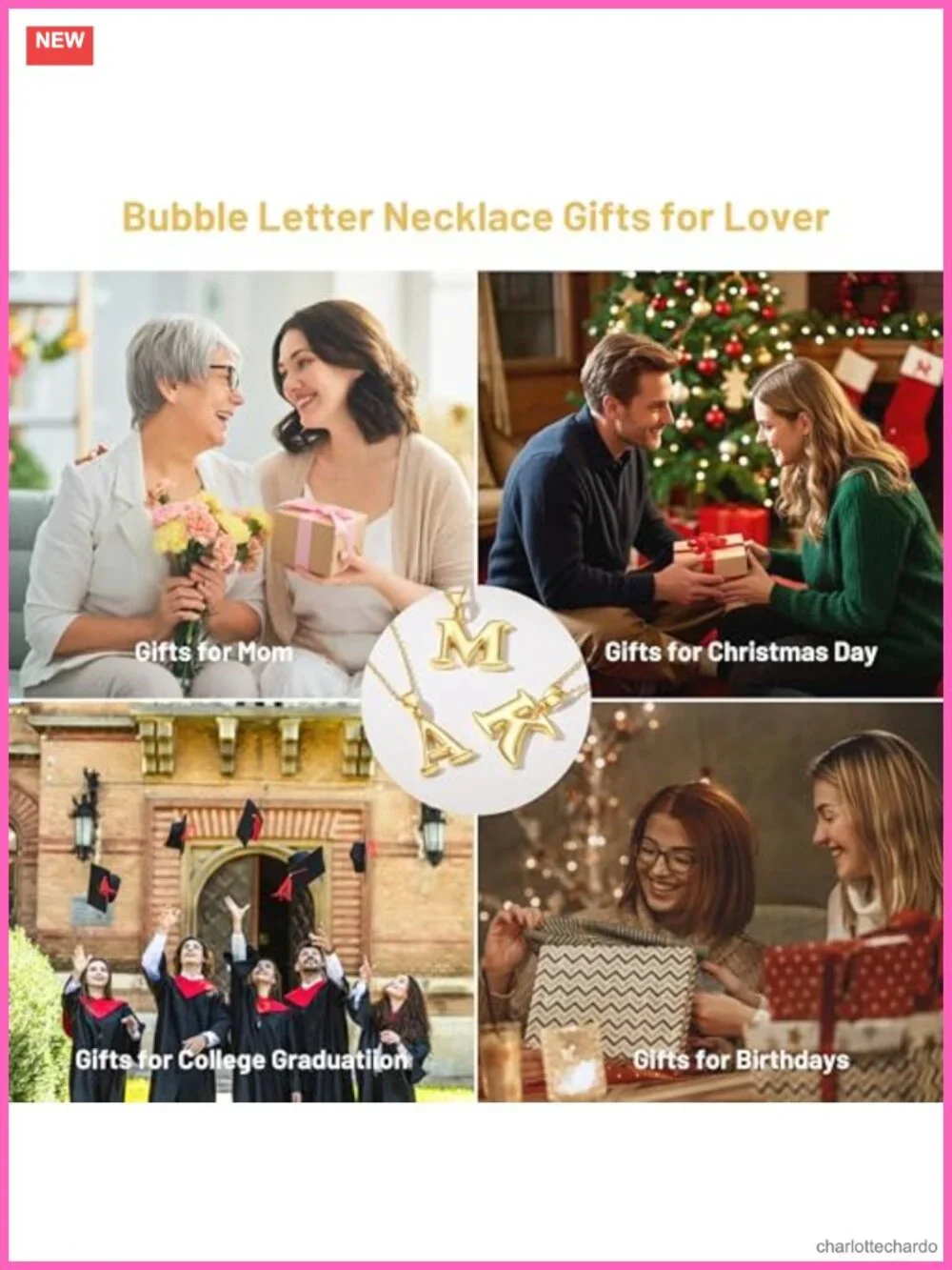 Gold Plated Bubble Letter Initial Necklace Pendant for Women Mom Gift